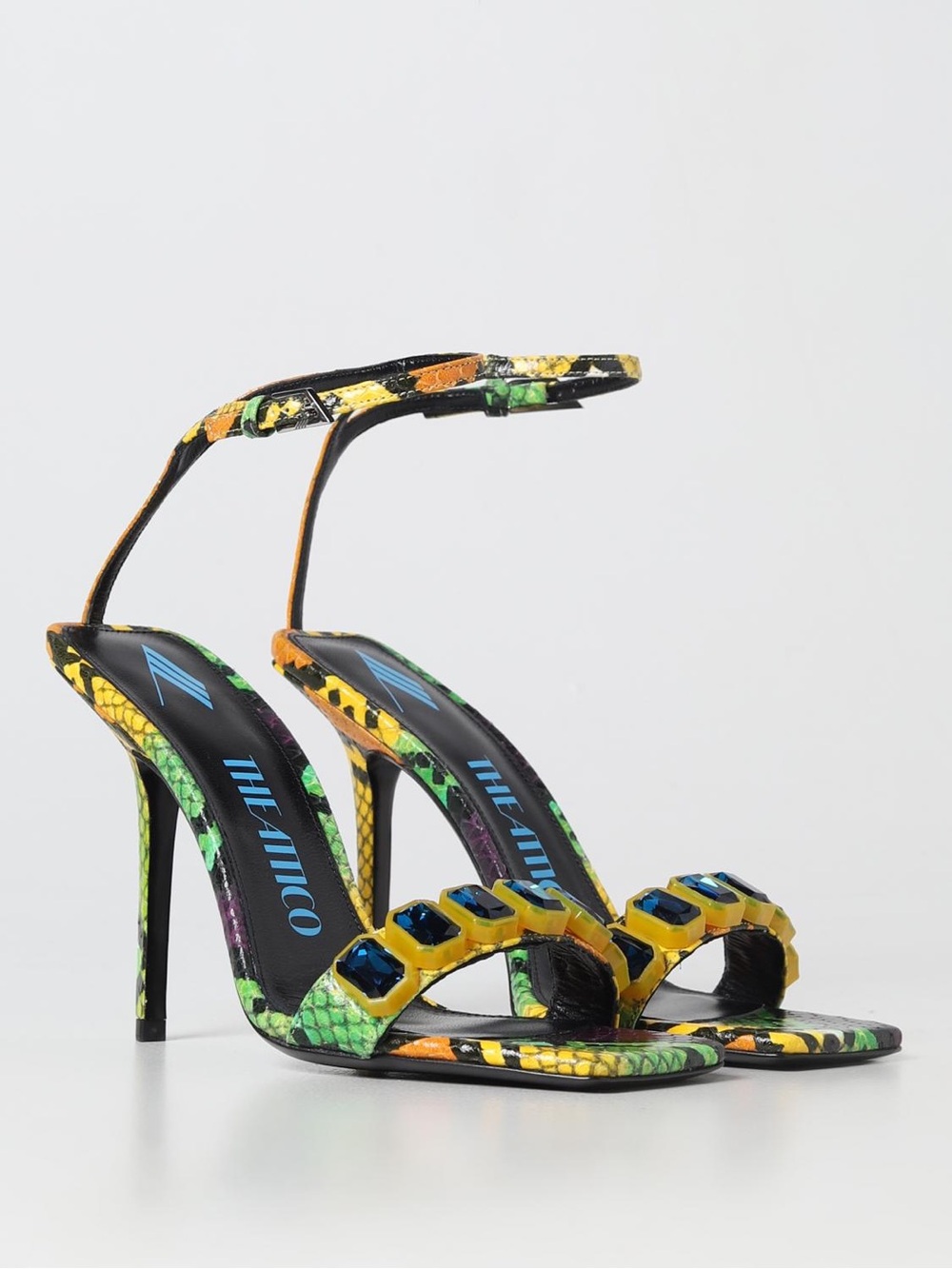 The Attico Multicolor Snake-Print Jeweled Ankle-Strap Heels